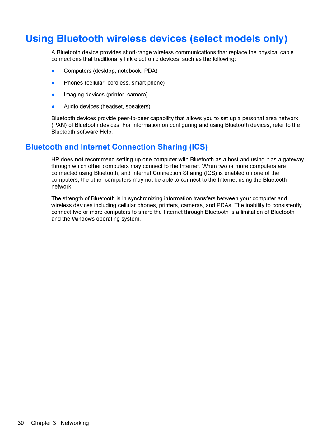 HP 2740P manual Using Bluetooth wireless devices select models only, Bluetooth and Internet Connection Sharing ICS 