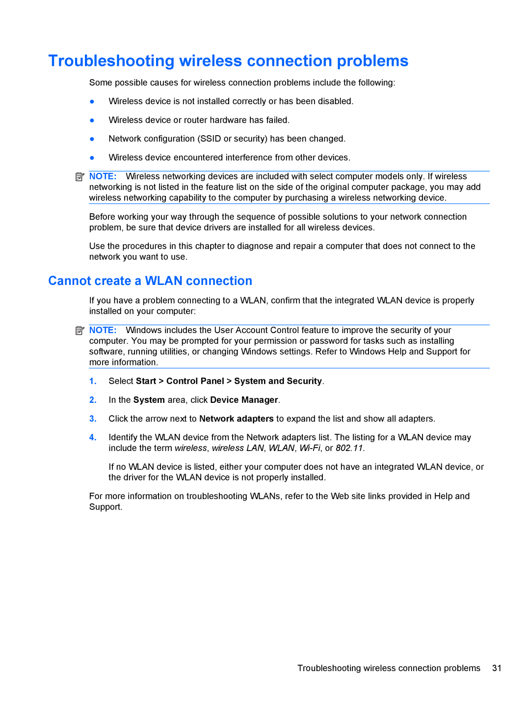 HP 2740P manual Troubleshooting wireless connection problems, Cannot create a Wlan connection 