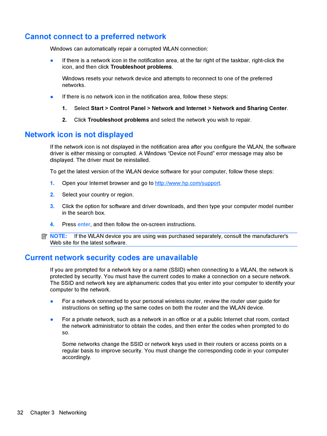 HP 2740P manual Cannot connect to a preferred network, Network icon is not displayed 