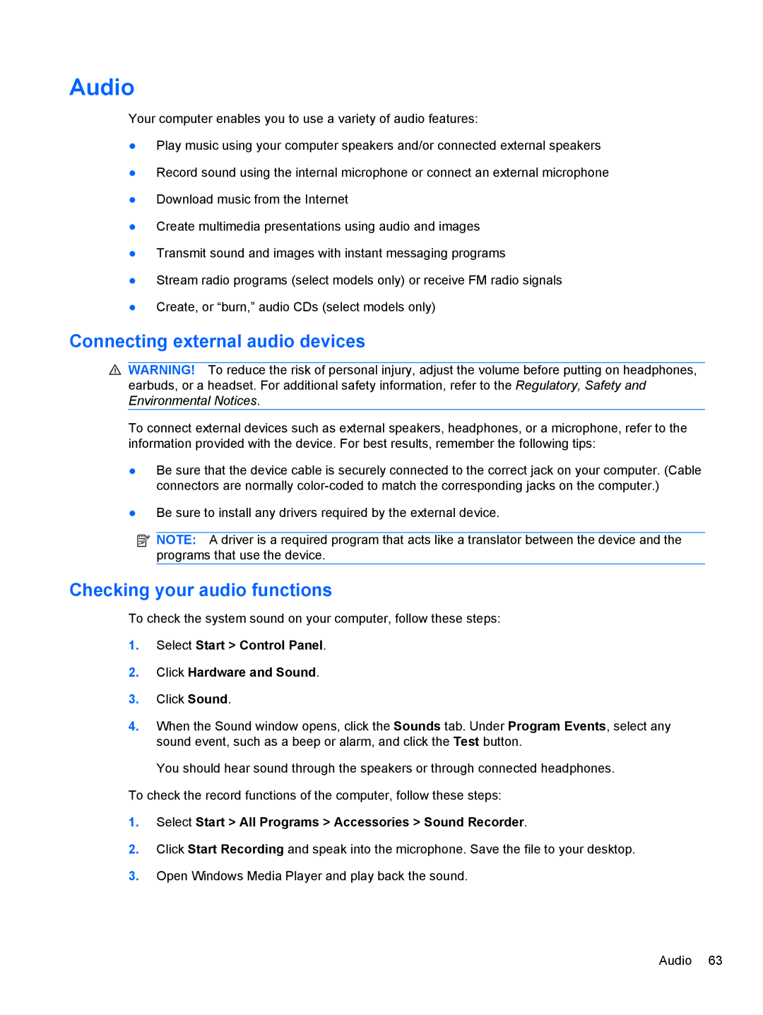 HP 2740P manual Audio, Connecting external audio devices, Checking your audio functions 