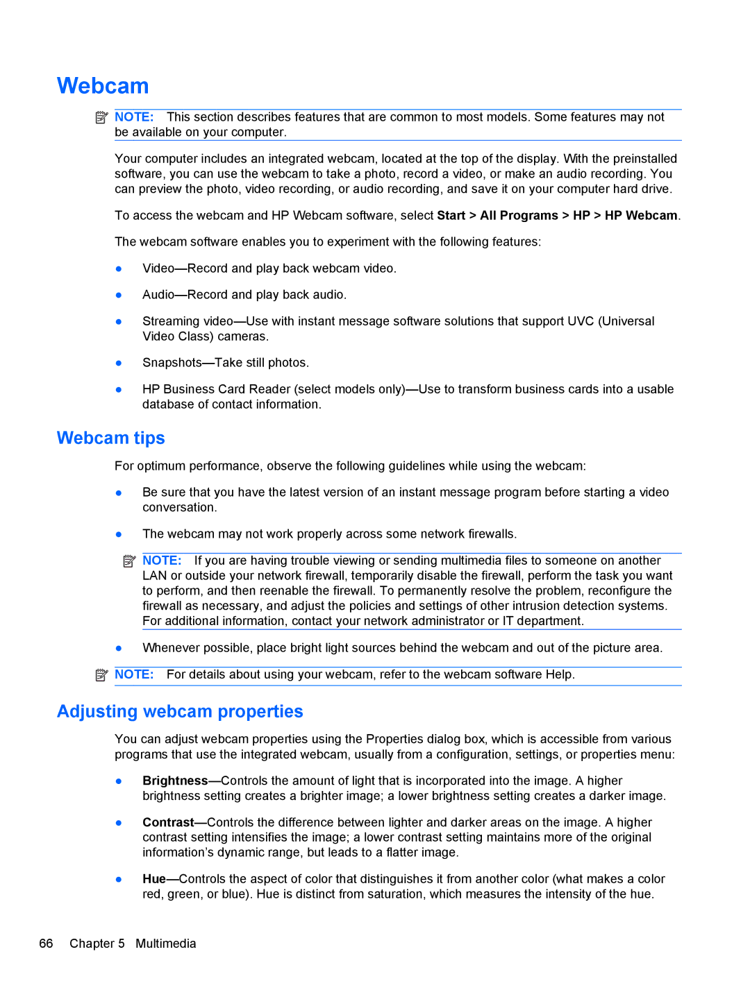 HP 2740P manual Webcam tips, Adjusting webcam properties 