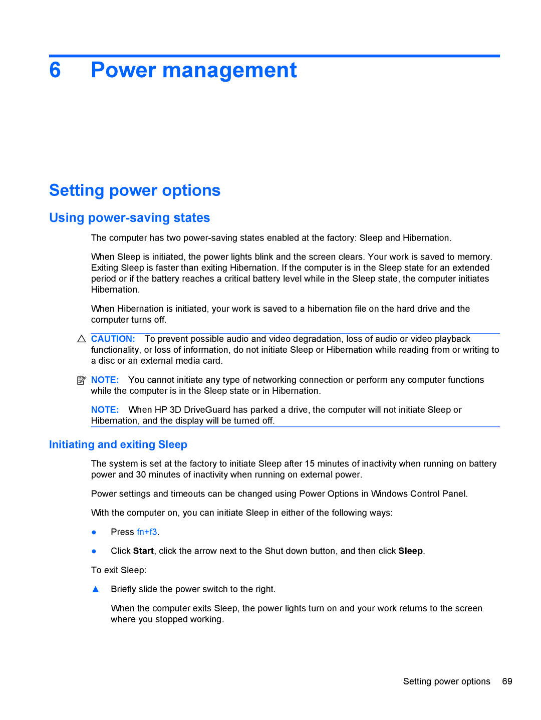 HP 2740P manual Power management, Setting power options, Using power-saving states, Initiating and exiting Sleep 