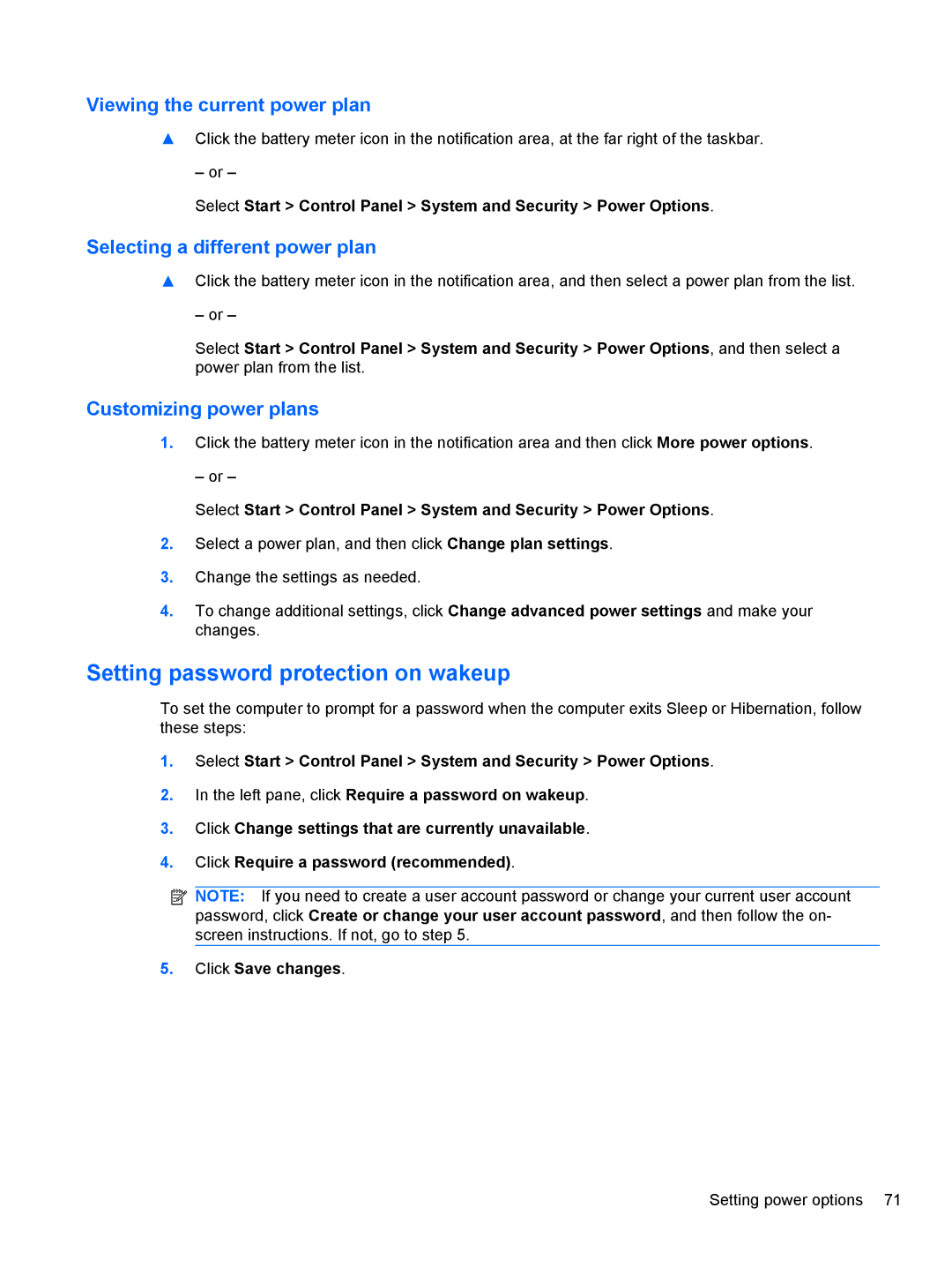 HP 2740P manual Setting password protection on wakeup, Viewing the current power plan, Selecting a different power plan 