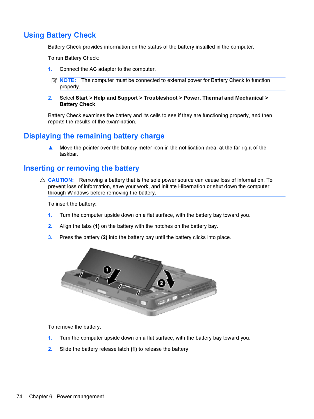 HP 2740P manual Using Battery Check, Displaying the remaining battery charge, Inserting or removing the battery 