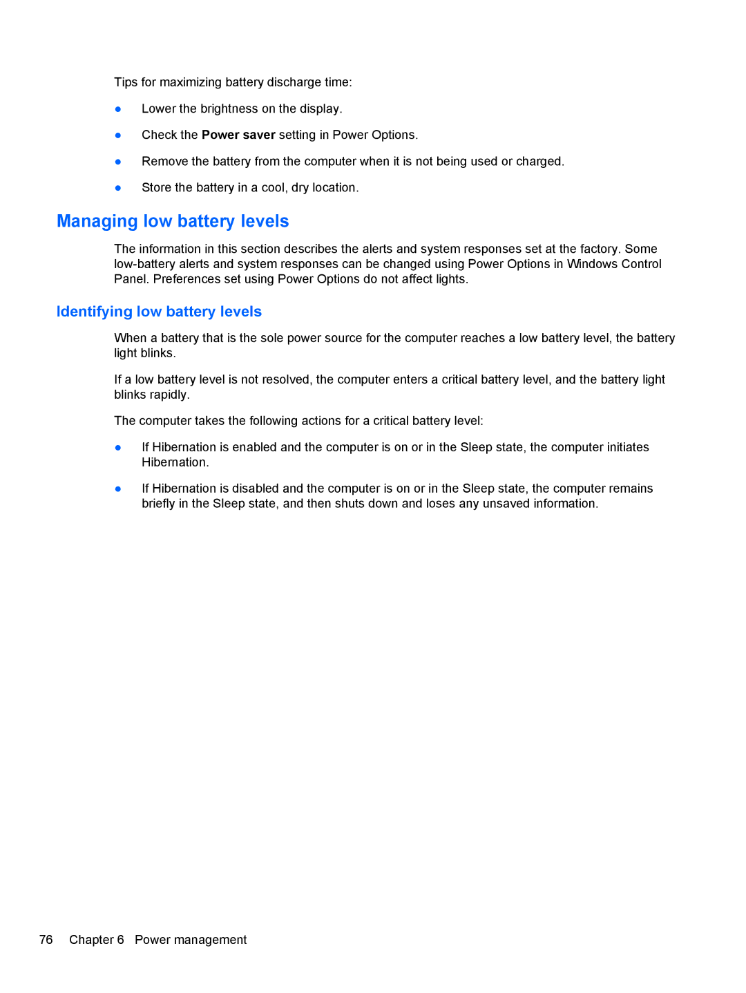 HP 2740P manual Managing low battery levels, Identifying low battery levels 