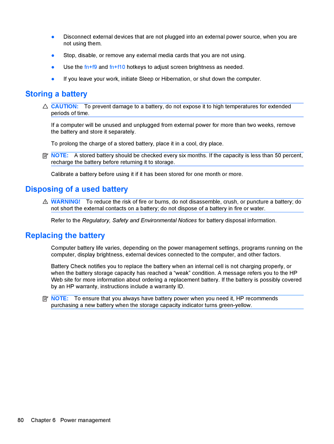 HP 2740P manual Storing a battery, Disposing of a used battery, Replacing the battery 