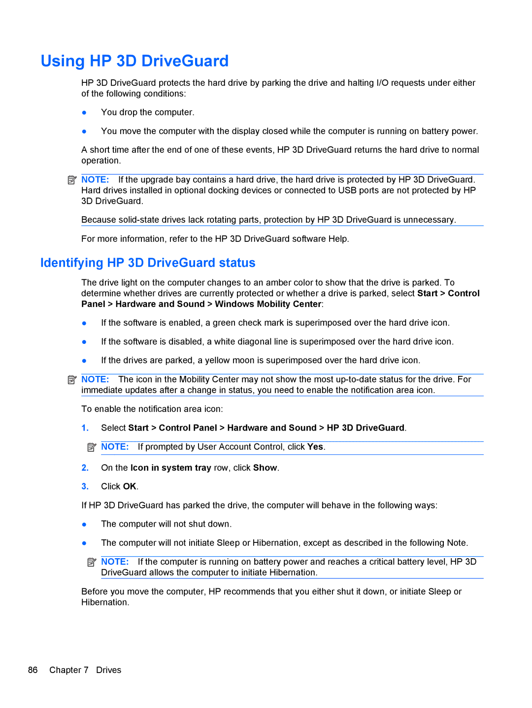 HP 2740P manual Using HP 3D DriveGuard, Identifying HP 3D DriveGuard status 