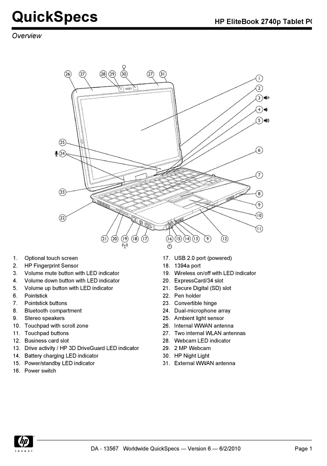 HP 2740P manual QuickSpecs, Overview 