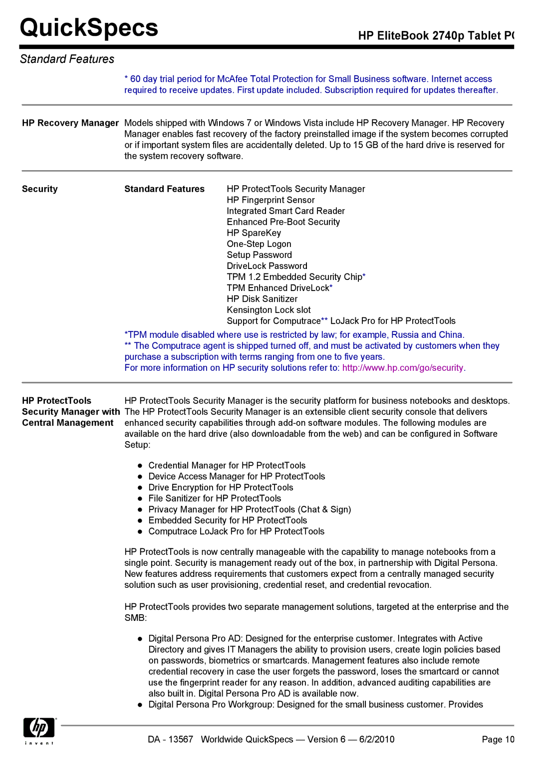 HP 2740P manual Security Standard Features 