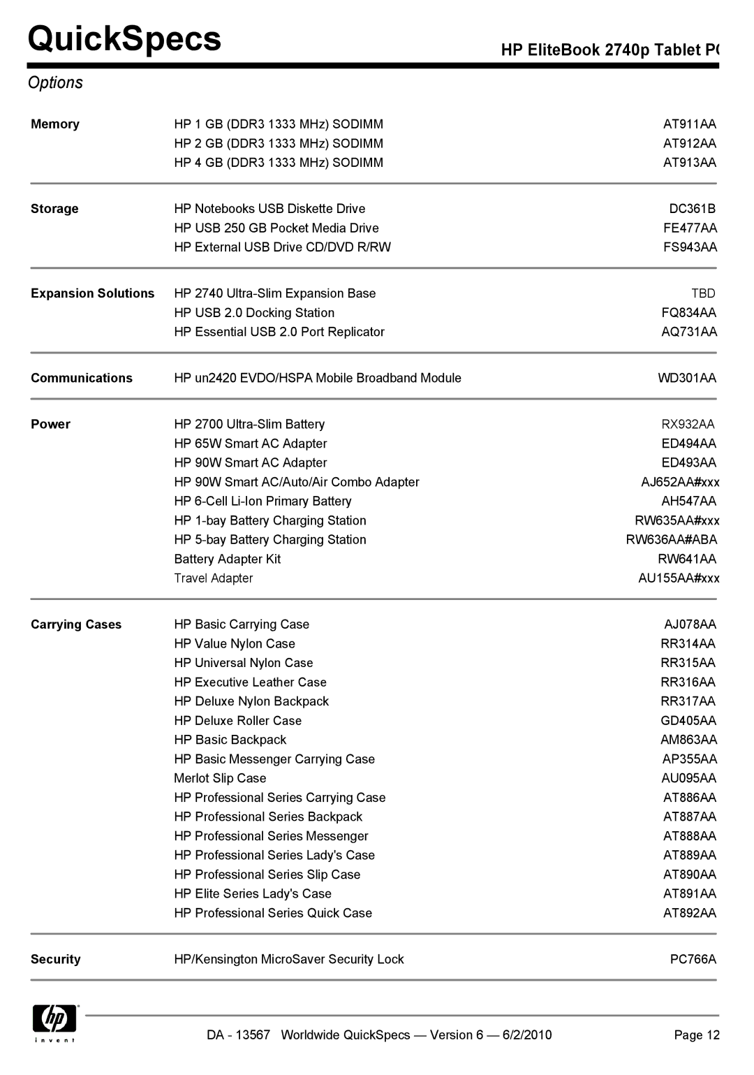 HP 2740P manual Options 