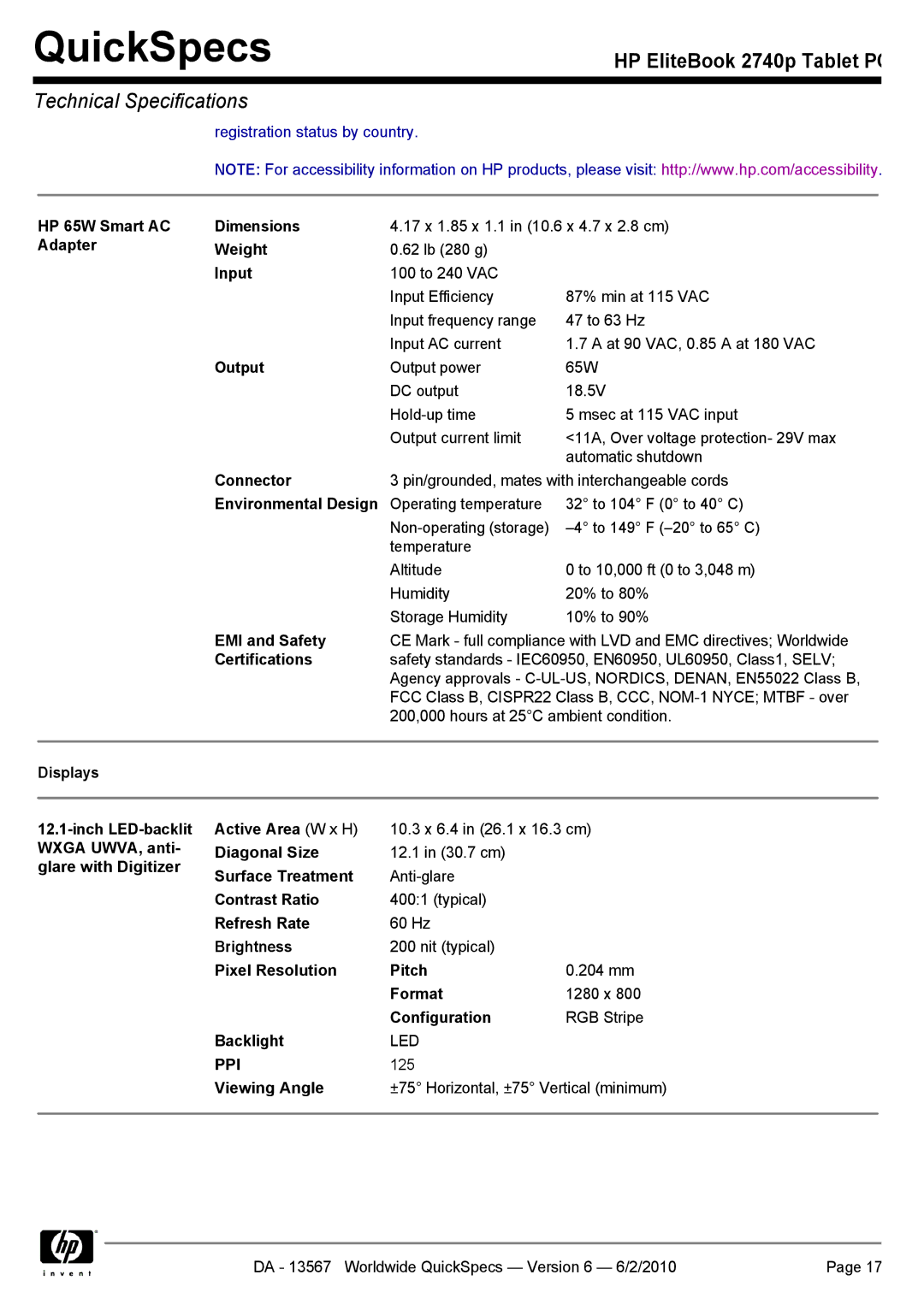 HP 2740P manual HP 65W Smart AC Dimensions, Adapter Weight, Input, Output, Connector, Environmental Design, EMI and Safety 