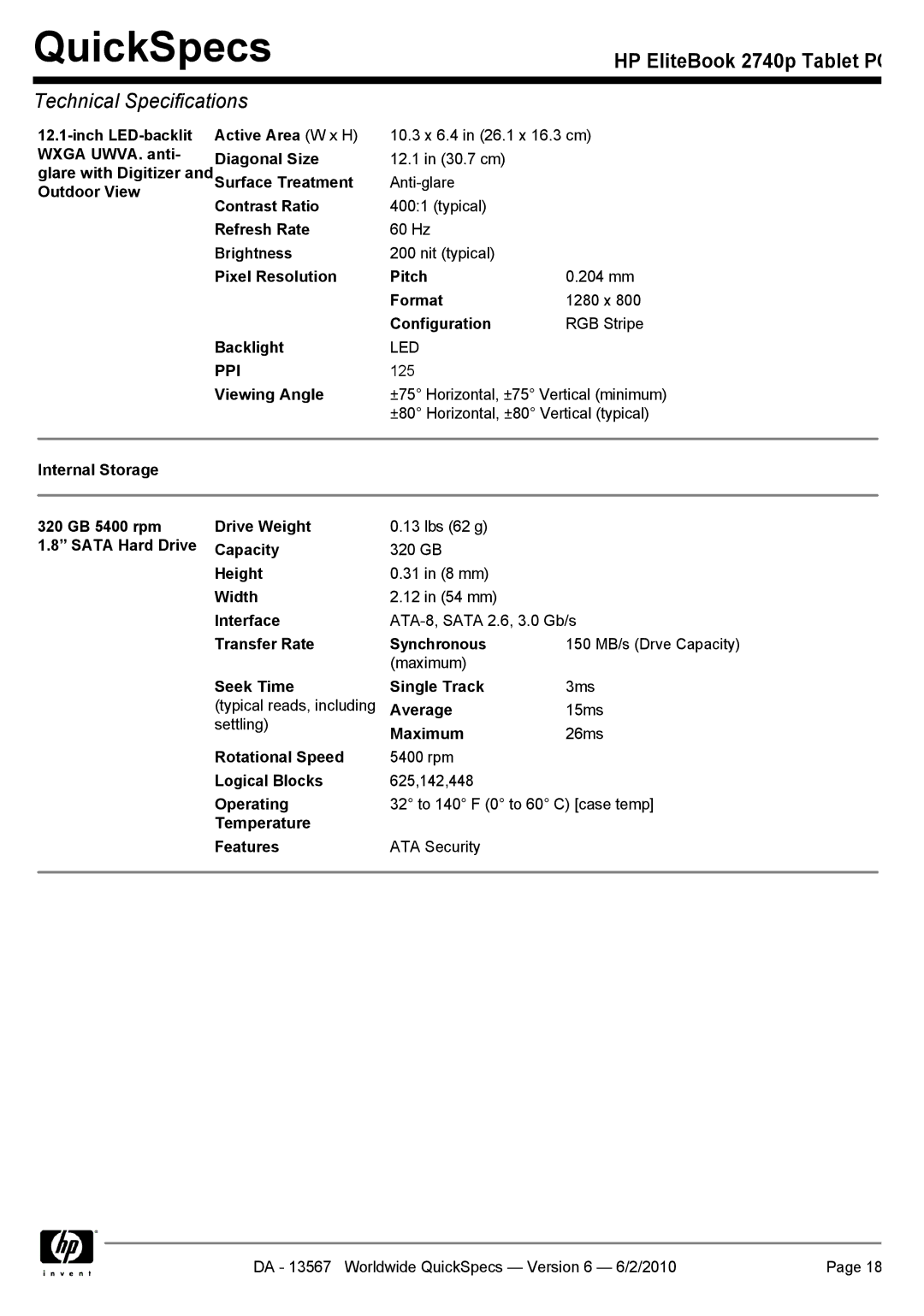 HP 2740P manual QuickSpecs 