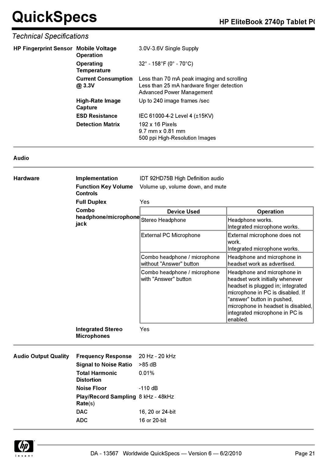 HP 2740P manual HP Fingerprint Sensor Mobile Voltage, Operation Operating, High-Rate Image, Capture ESD Resistance, Jack 