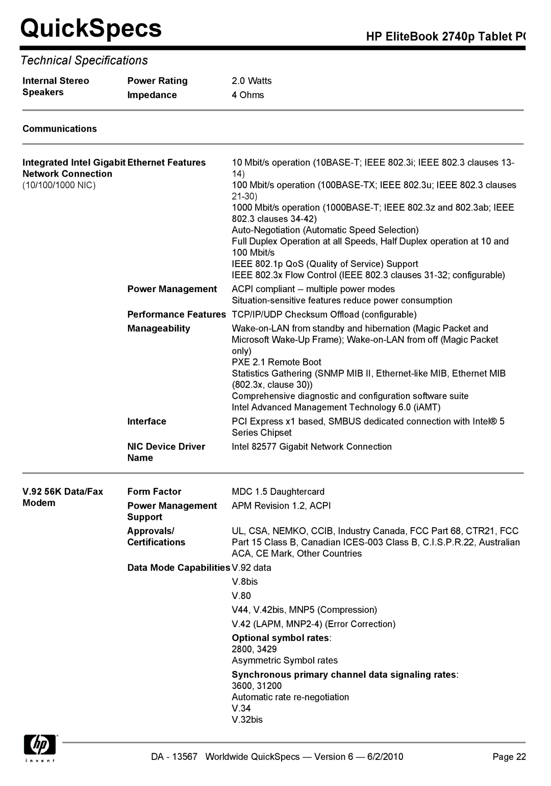 HP 2740P manual Internal Stereo Power Rating, Speakers Impedance, Communications Integrated Intel Gigabit Ethernet Features 