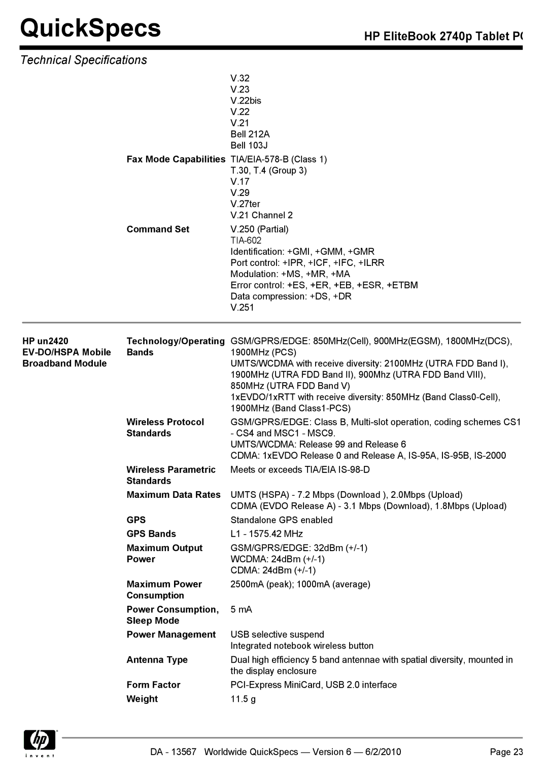 HP 2740P Command Set, HP un2420 Technology/Operating, EV-DO/HSPA Mobile Bands, Wireless Protocol, Standards, GPS Bands 