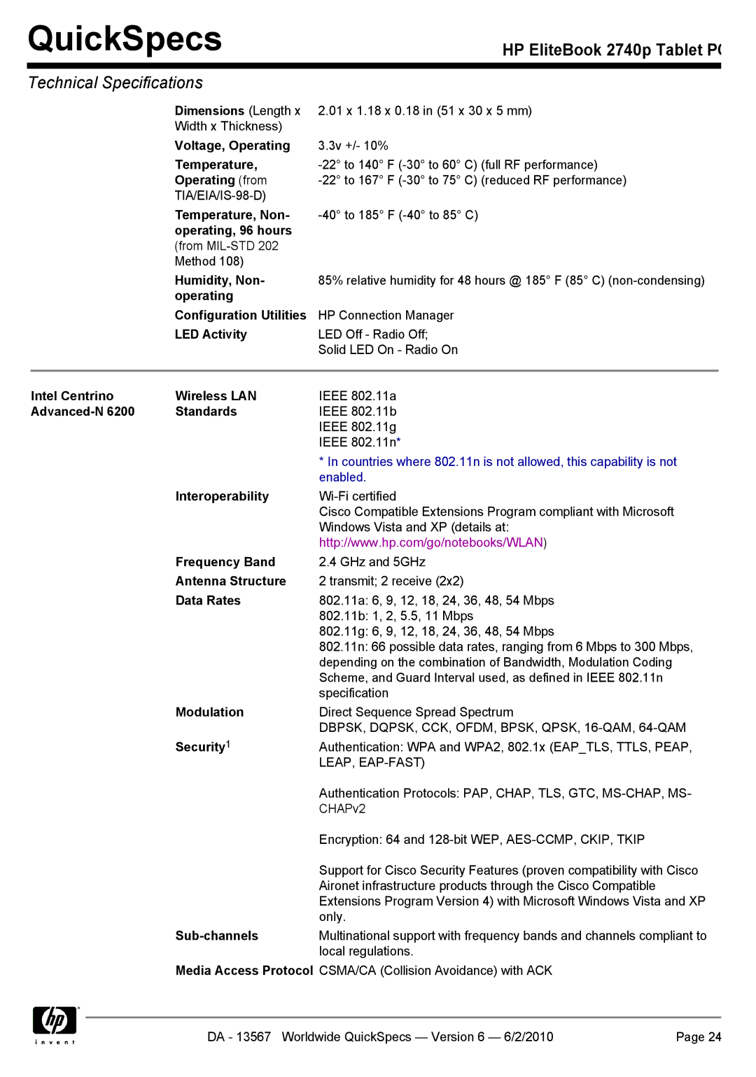 HP 2740P Voltage, Operating, Operating from, Humidity, Non, Operating Configuration Utilities, LED Activity, Data Rates 