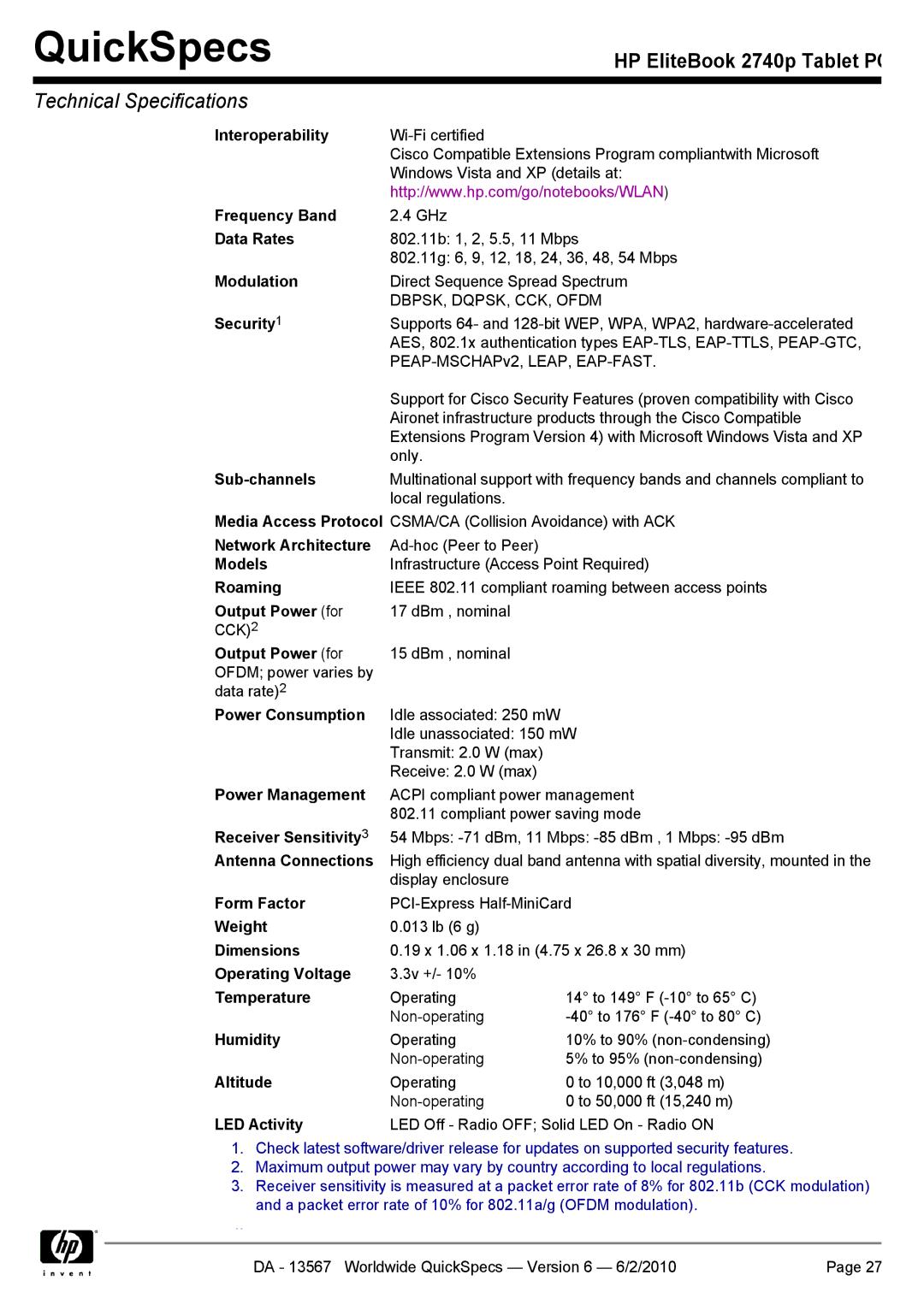 HP 2740P manual DBPSK, DQPSK, CCK, Ofdm 