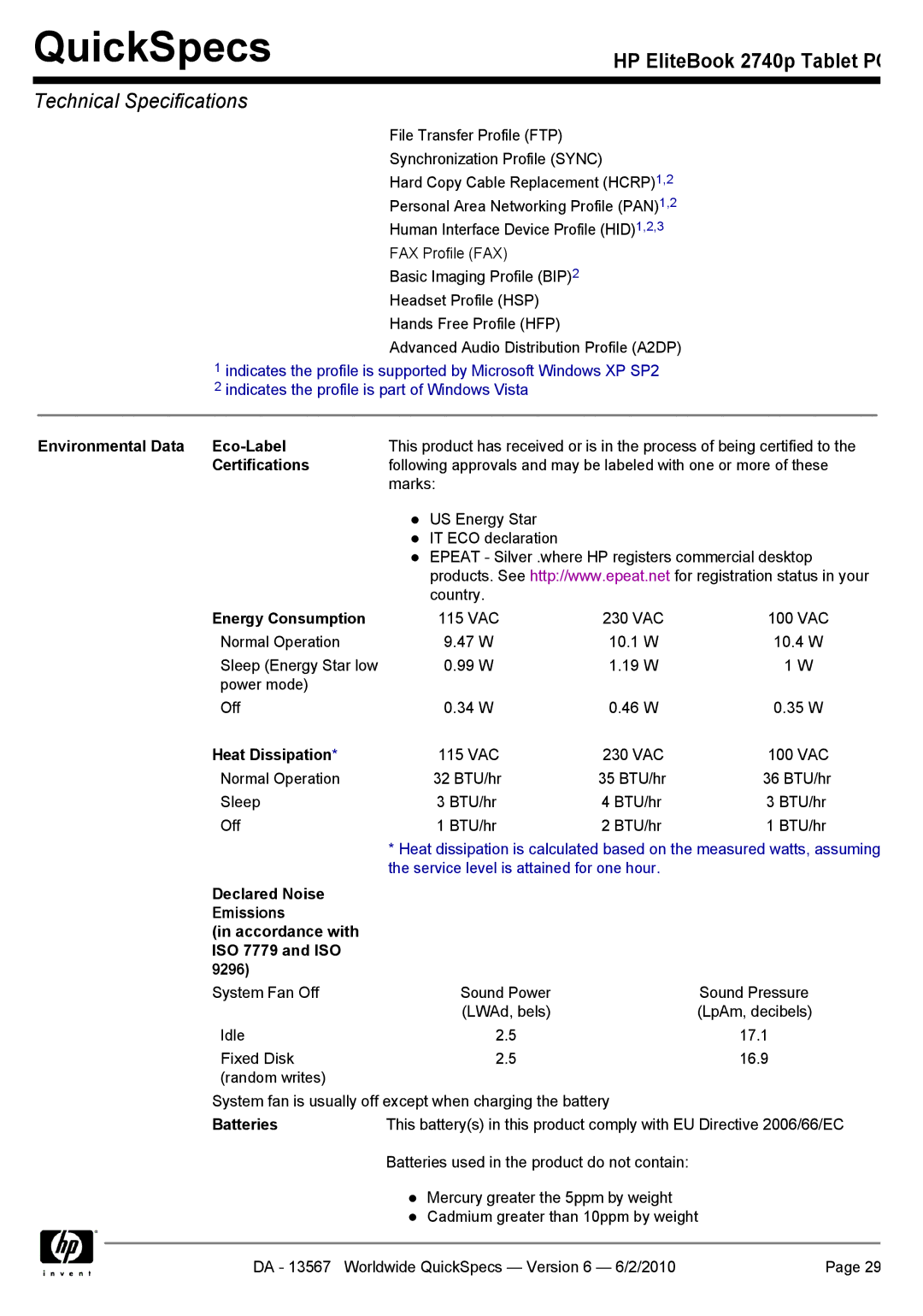 HP 2740P manual Environmental Data Eco-Label, Energy Consumption, Heat Dissipation, Batteries 