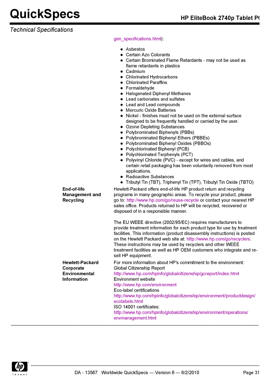 HP 2740P manual End-of-life, Management, Recycling, Hewlett-Packard, Corporate, Environmental Information 