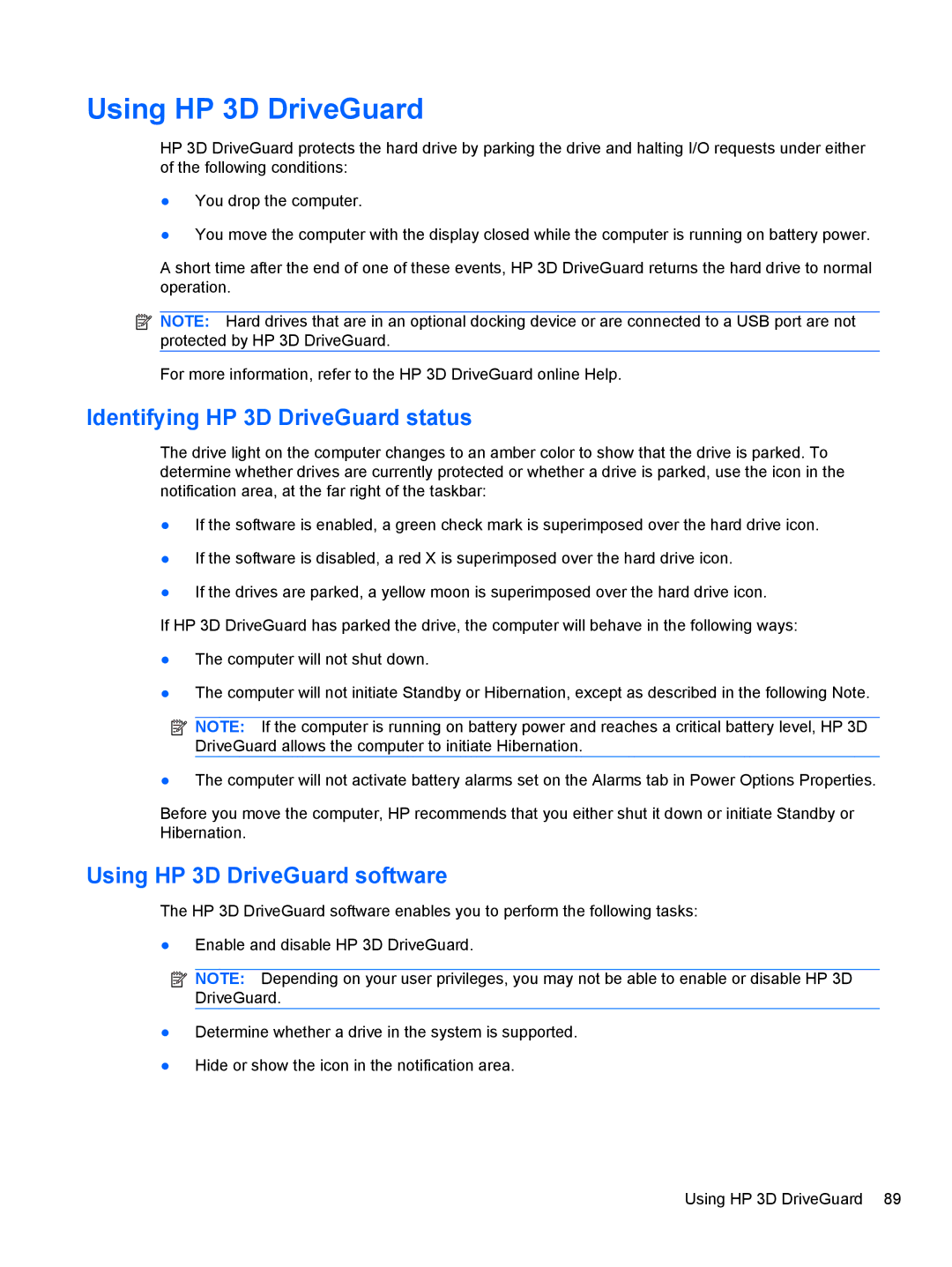 HP 2740P manual Identifying HP 3D DriveGuard status, Using HP 3D DriveGuard software 