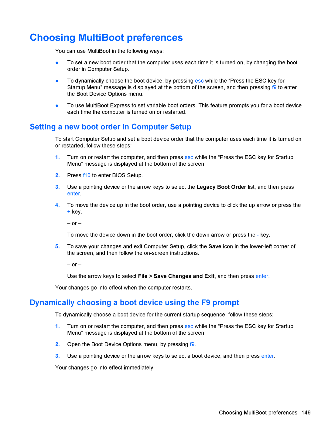 HP 2740P manual Choosing MultiBoot preferences, Setting a new boot order in Computer Setup 