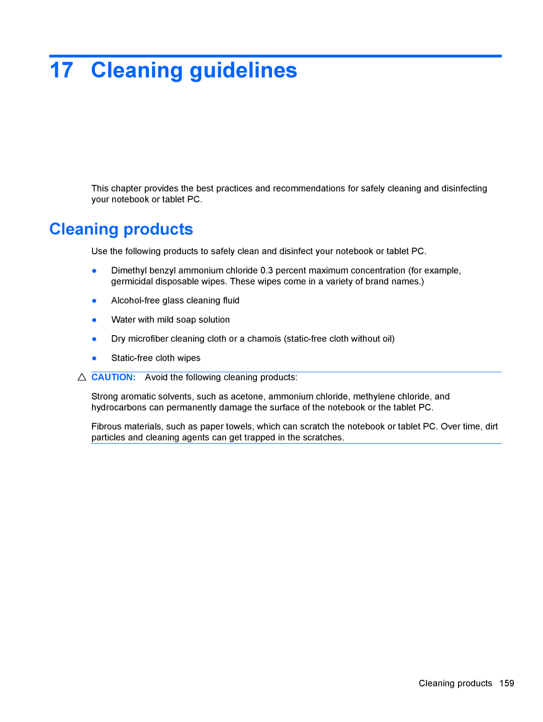 HP 2740P manual Cleaning guidelines, Cleaning products 