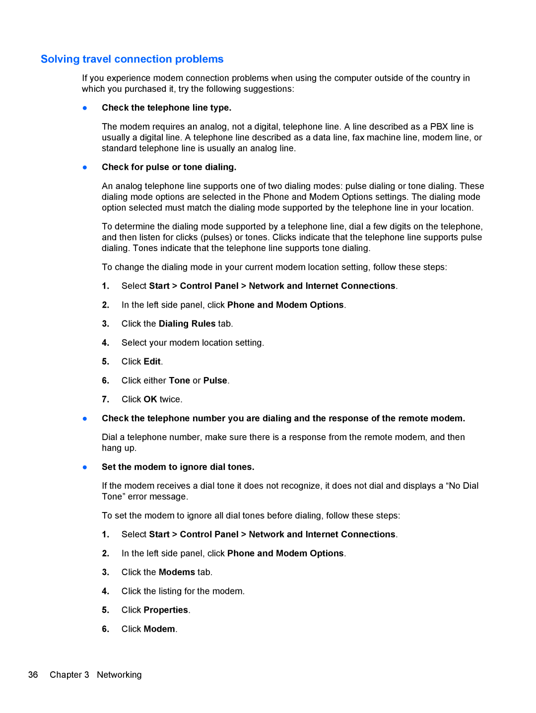 HP 2740P manual Solving travel connection problems, Check the telephone line type, Check for pulse or tone dialing 