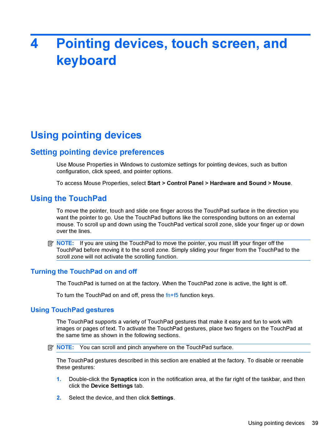 HP 2740P manual Pointing devices, touch screen, and keyboard, Using pointing devices, Setting pointing device preferences 