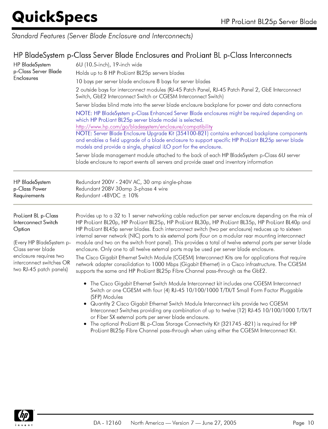 HP 275 manual Standard Features Server Blade Enclosure and Interconnects 