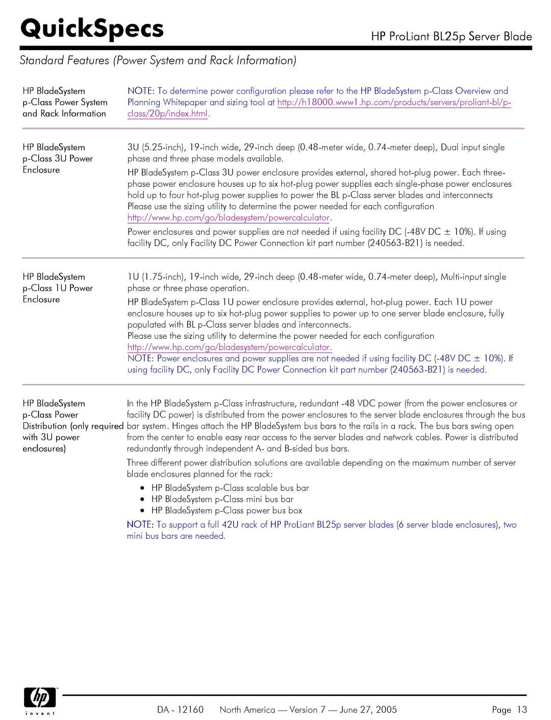 HP 275 manual Standard Features Power System and Rack Information, HP BladeSystem Class Power System Rack Information 