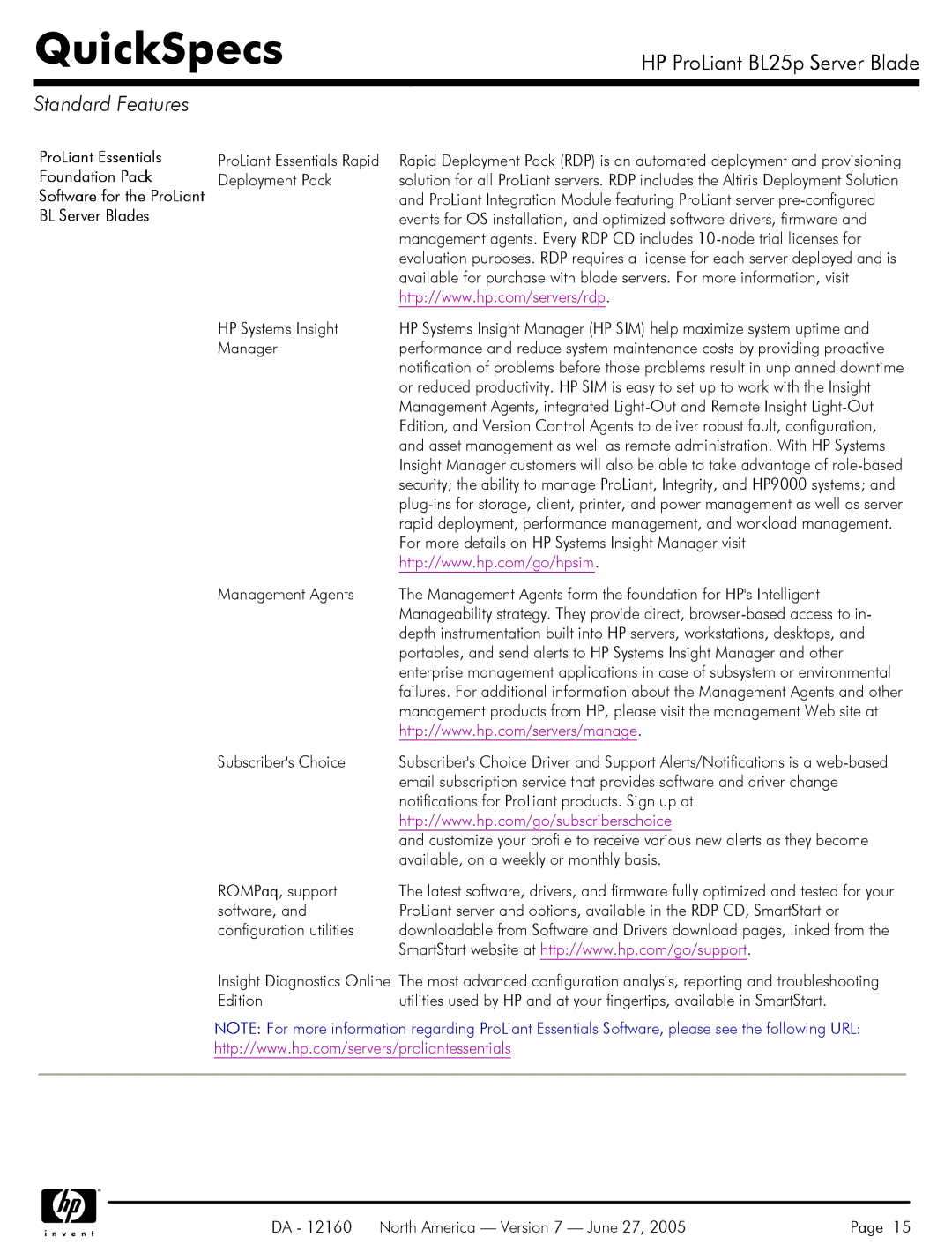 HP 275 manual Standard Features, ProLiant Essentials 