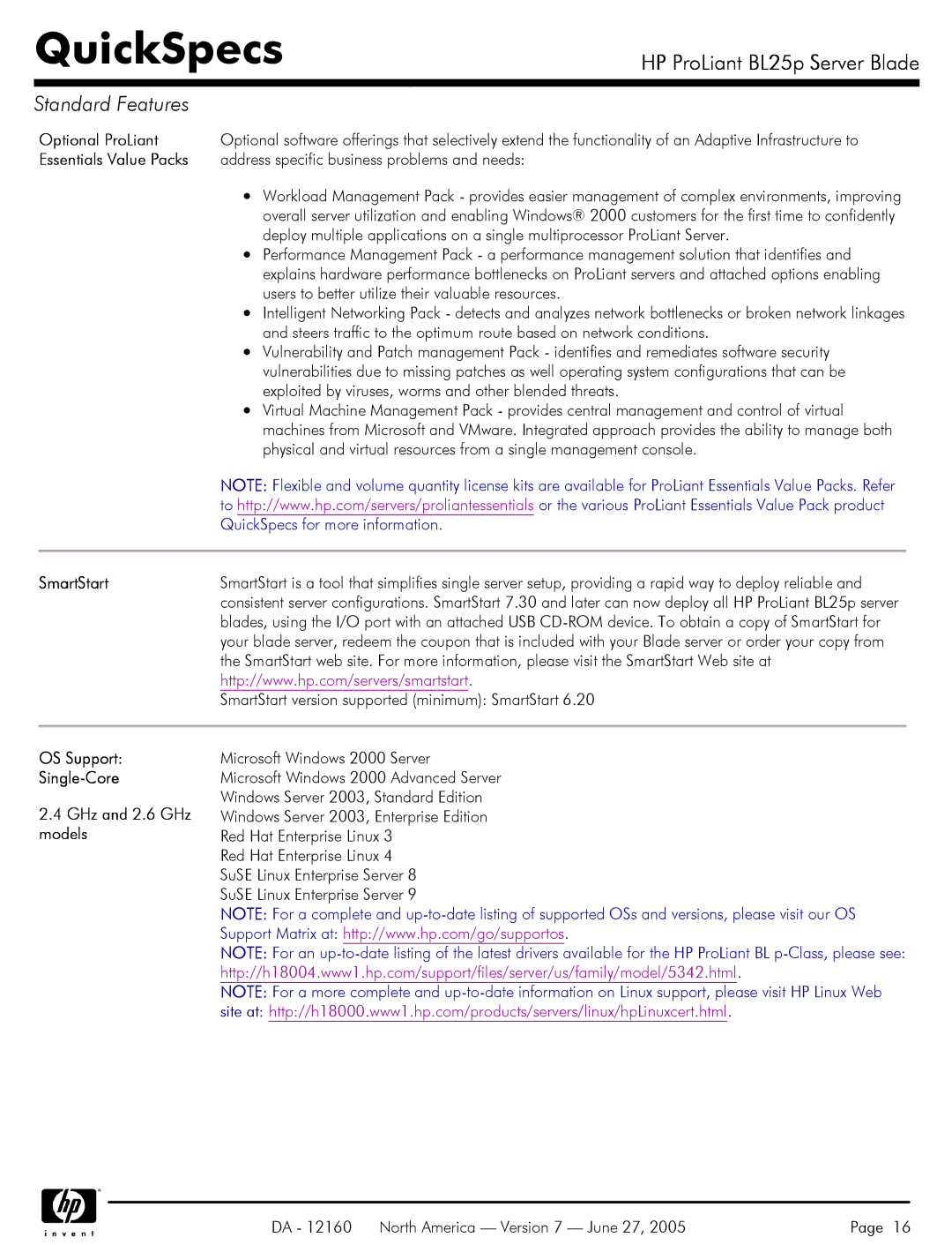 HP 275 manual Optional ProLiant, Essentials Value Packs, SmartStart, OS Support Single-Core GHz and 2.6 GHz models 