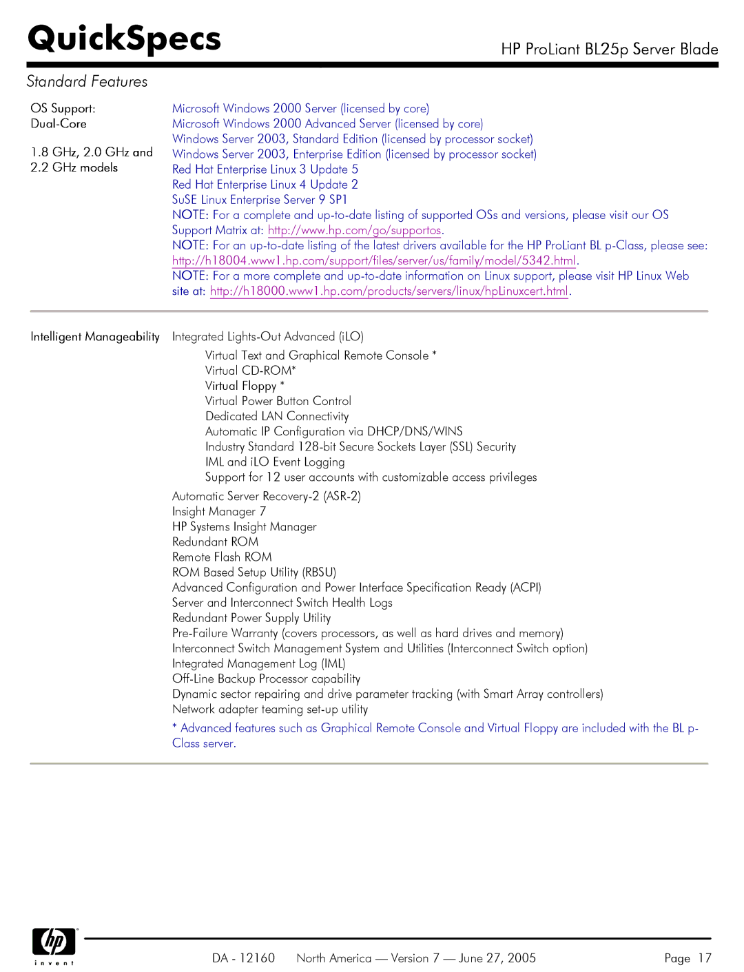 HP 275 manual OS Support Dual-Core GHz, 2.0 GHz GHz models 