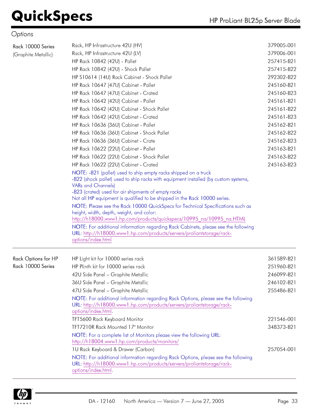 HP 275 manual Rack 10000 Series, Rack Options for HP, HP Light kit for 10000 series rack 361589-B21 