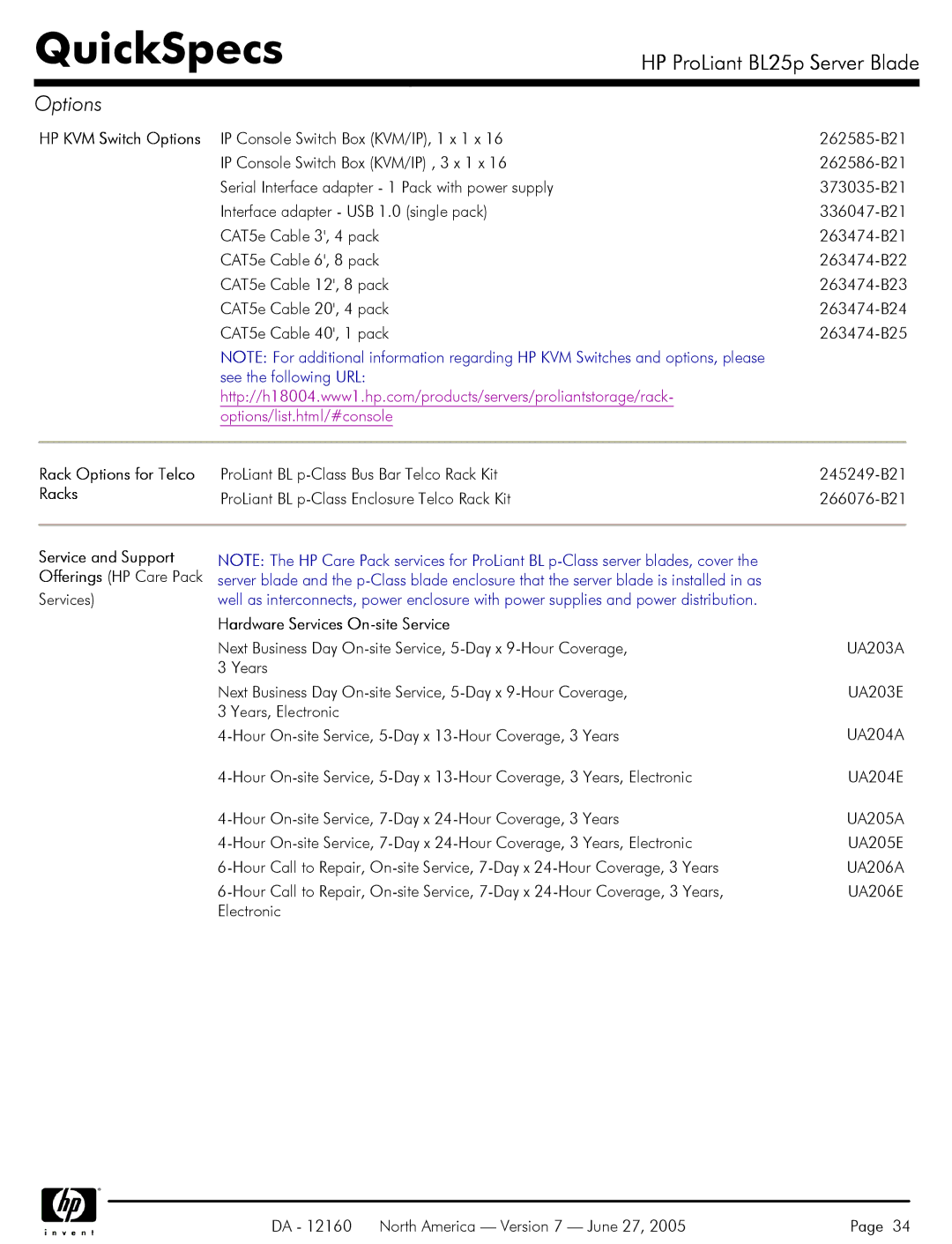 HP 275 manual Rack Options for Telco, Racks, Service and Support, Hardware Services On-site Service 