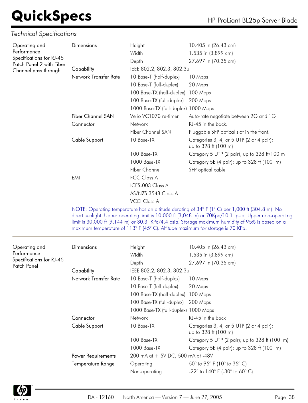 HP 275 manual Capability, Network Transfer Rate, Fiber Channel SAN, Connector, Cable Support, Operating Dimensions 