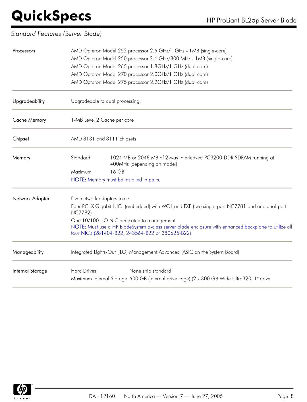 HP 275 manual Standard Features Server Blade 