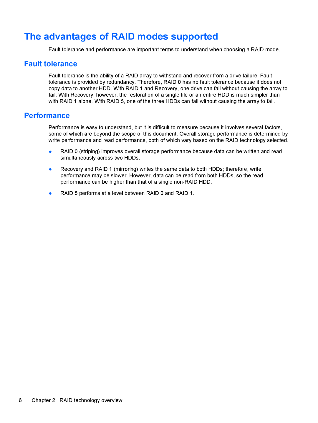 HP 2760p manual Advantages of RAID modes supported, Fault tolerance, Performance 