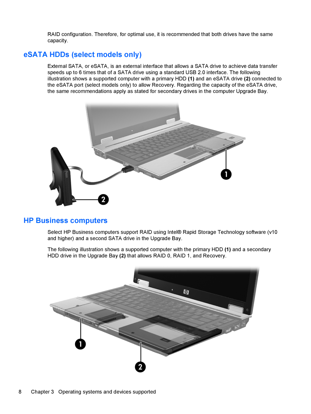 HP 2760p manual ESATA HDDs select models only, HP Business computers 