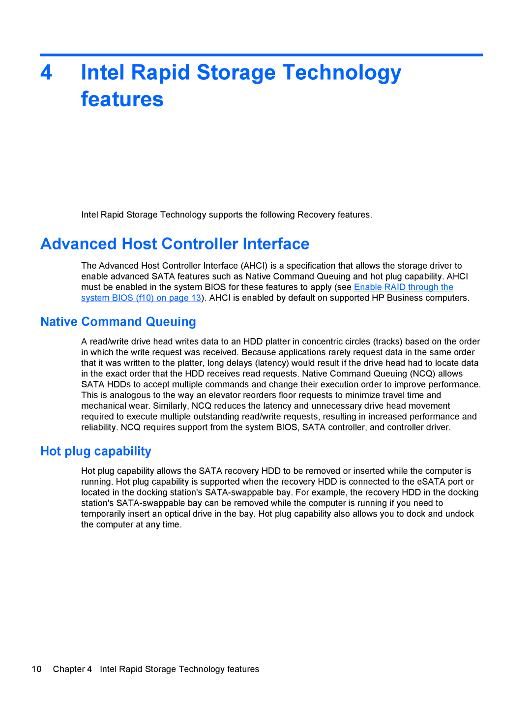 HP 2760p manual Intel Rapid Storage Technology features, Advanced Host Controller Interface, Native Command Queuing 