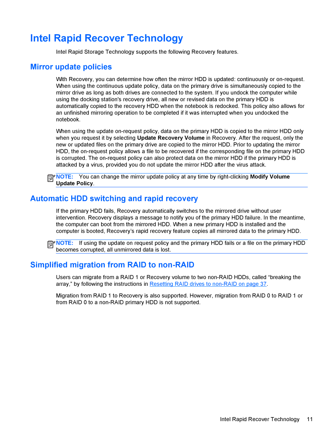HP 2760p manual Intel Rapid Recover Technology, Mirror update policies, Automatic HDD switching and rapid recovery 