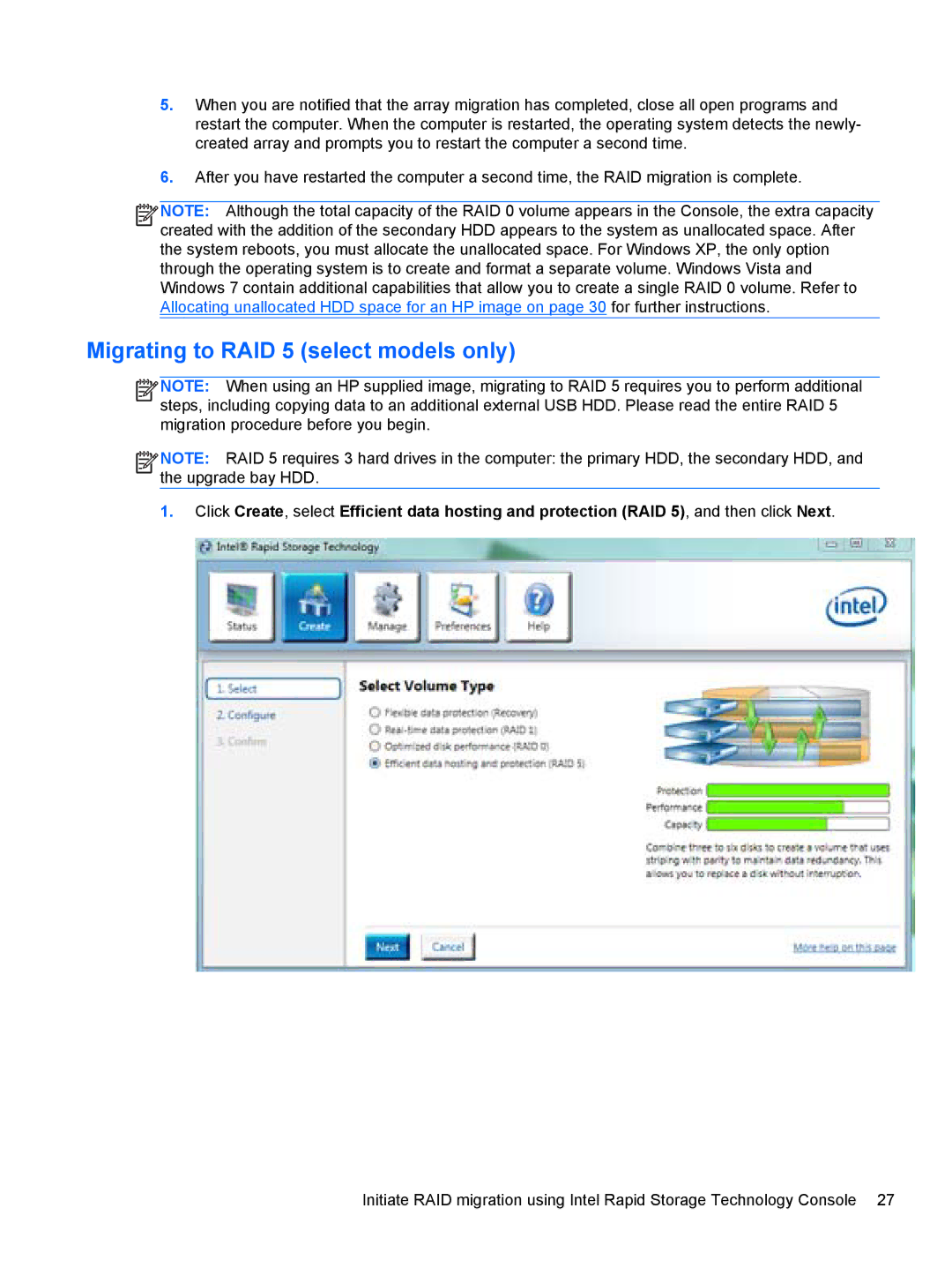 HP 2760p manual Migrating to RAID 5 select models only 