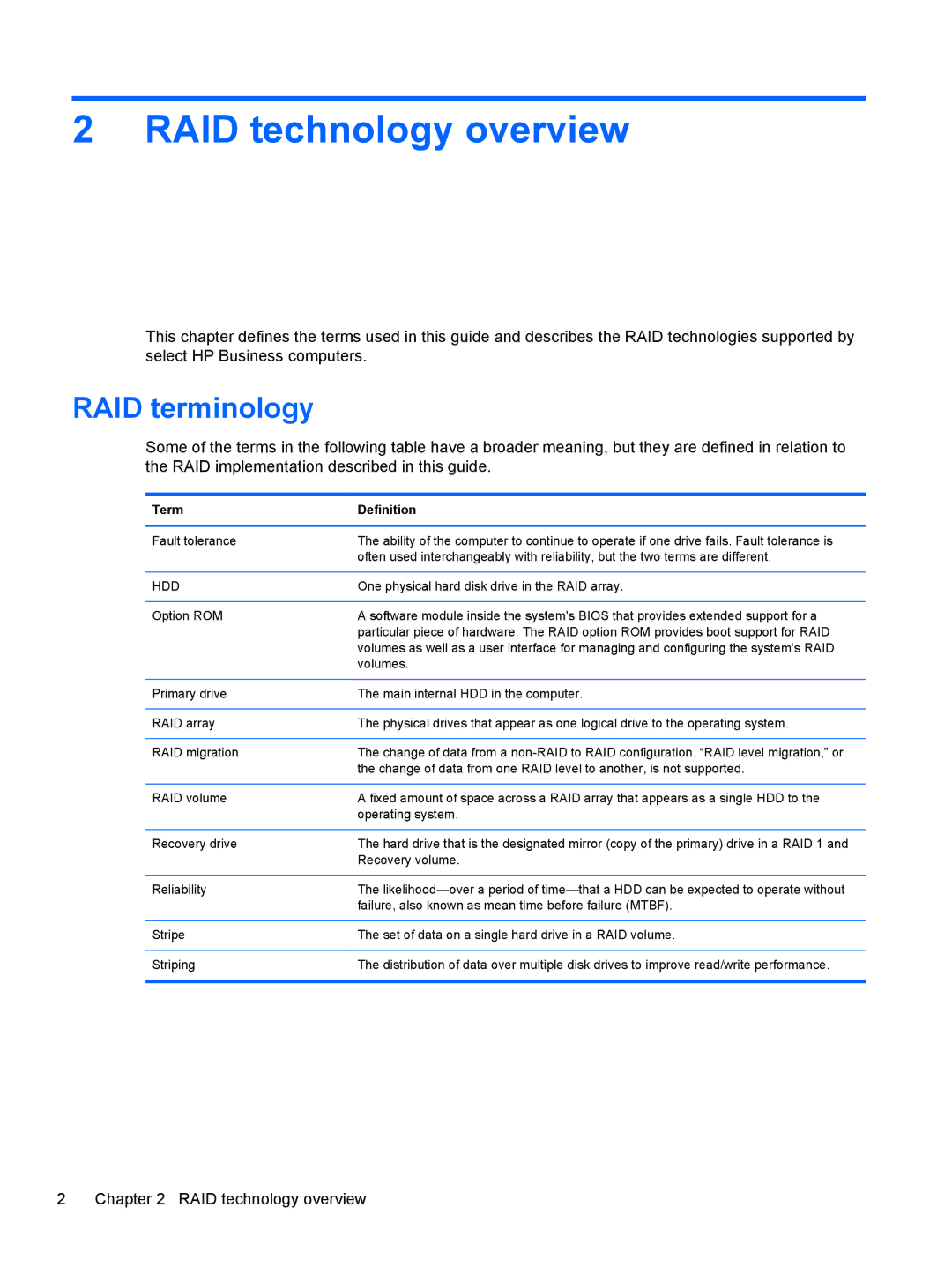 HP 2760p manual RAID technology overview, RAID terminology 