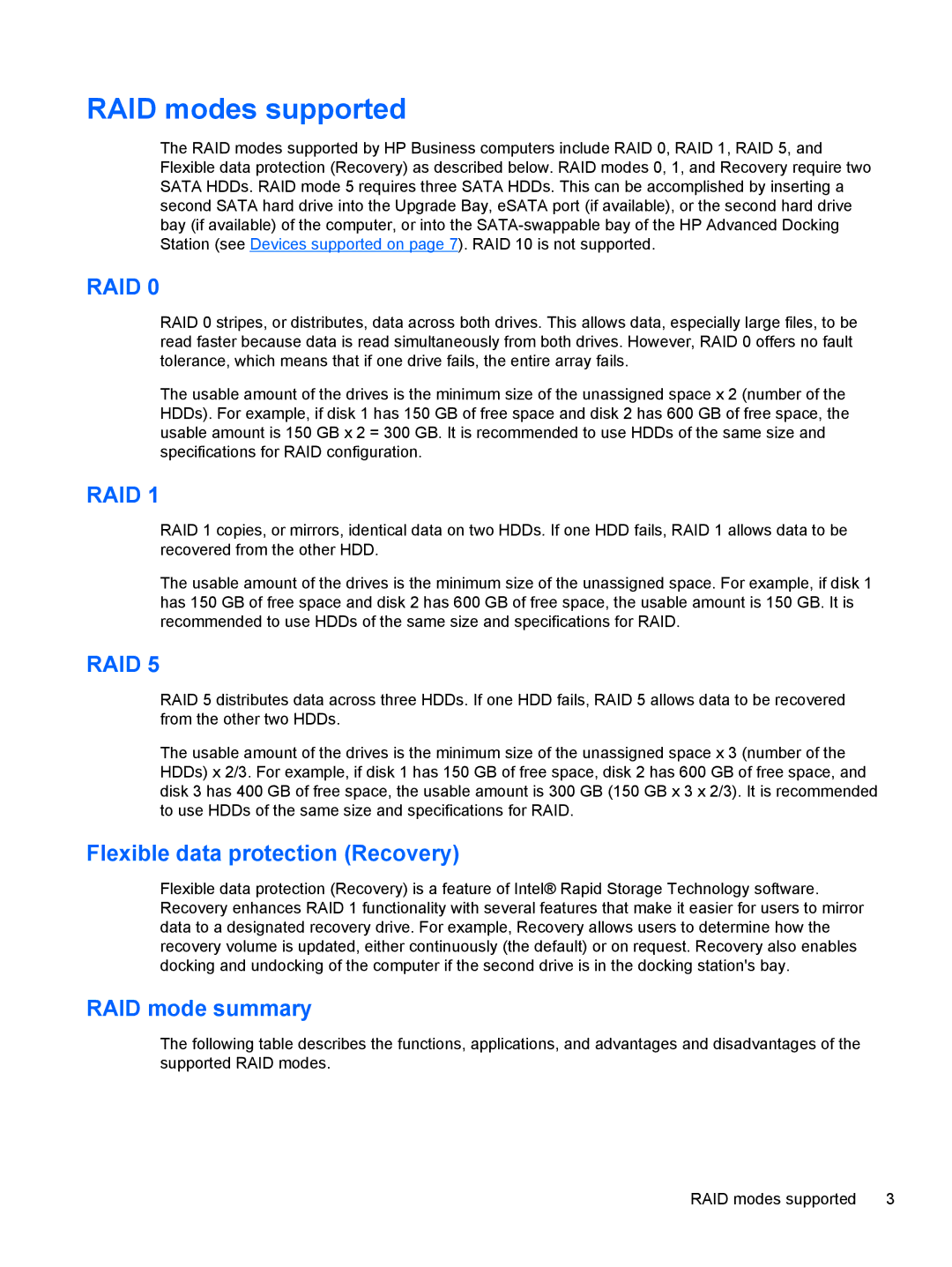 HP 2760p manual RAID modes supported, Flexible data protection Recovery, RAID mode summary 