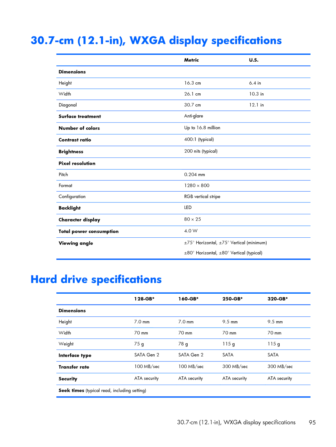 HP 2760p manual 30.7-cm 12.1-in, Wxga display specifications, Hard drive specifications 