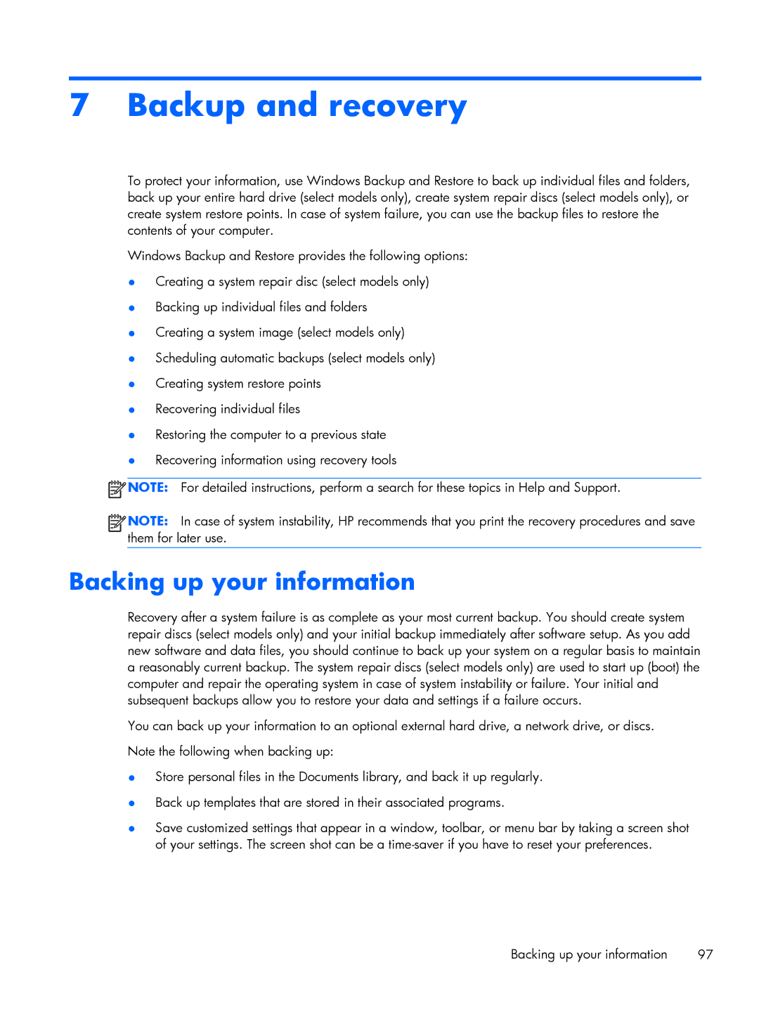 HP 2760p manual Backup and recovery, Backing up your information 