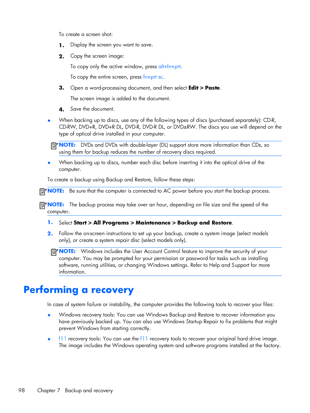 HP 2760p manual Performing a recovery, Select Start All Programs Maintenance Backup and Restore 