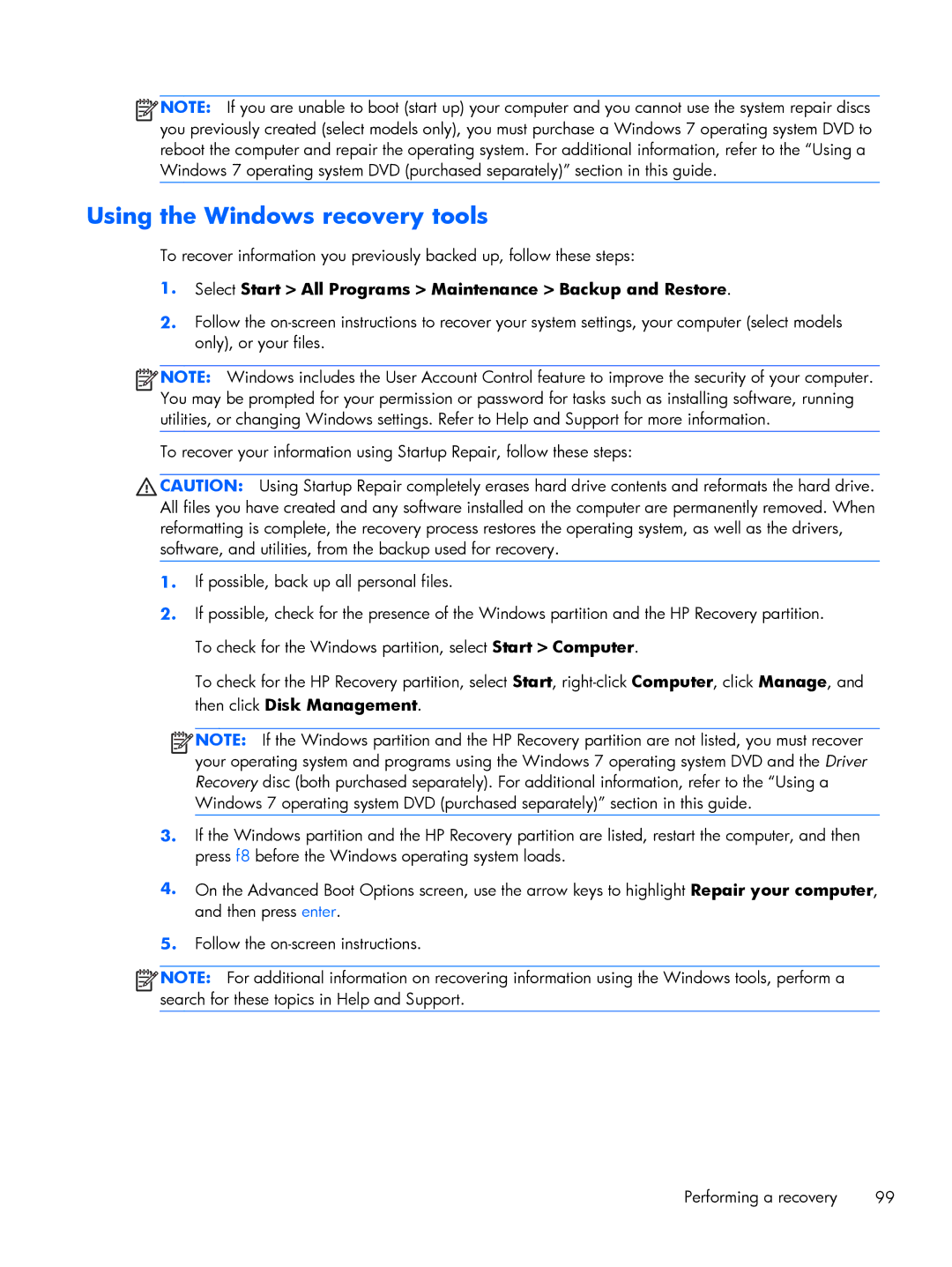 HP 2760p manual Using the Windows recovery tools 