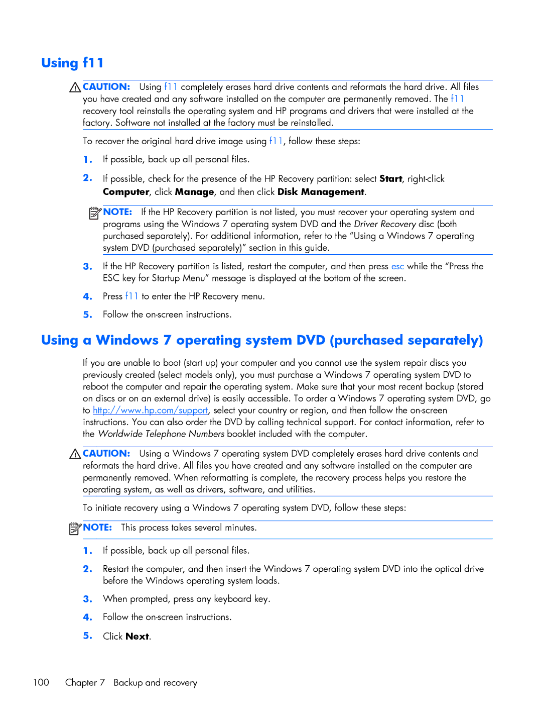 HP 2760p manual Using f11, Using a Windows 7 operating system DVD purchased separately 