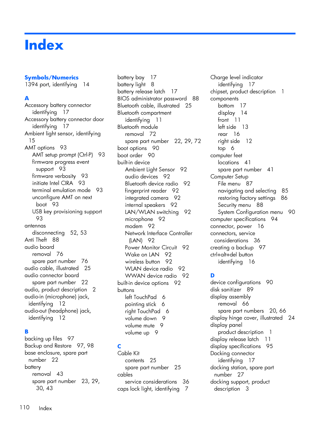 HP 2760p manual Index, Symbols/Numerics 1394 port, identifying 